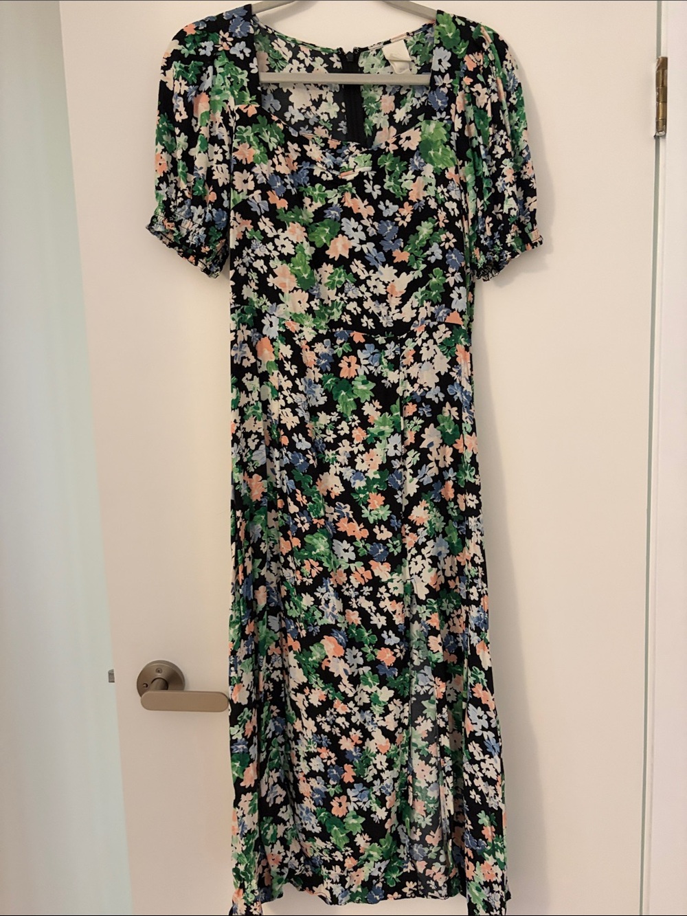 Floral Midi Dress in Black with Pink & Green Accents